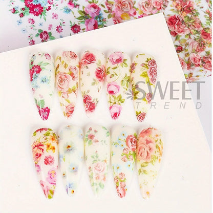 Mixed Floral Nail Foil Transfer Stickers Set, 10 Sheets