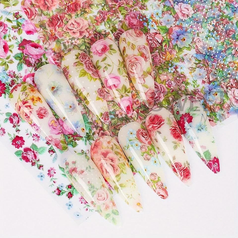 Mixed Floral Nail Foil Transfer Stickers Set, 10 Sheets