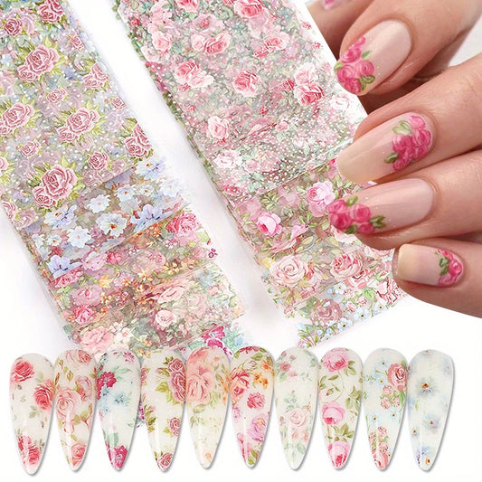 Mixed Floral Nail Foil Transfer Stickers Set, 10 Sheets