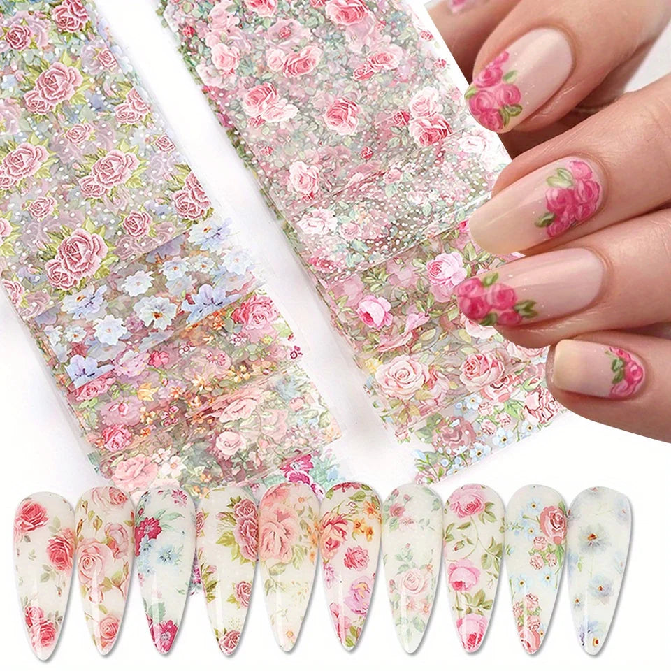 Mixed Floral Nail Foil Transfer Stickers Set, 10 Sheets