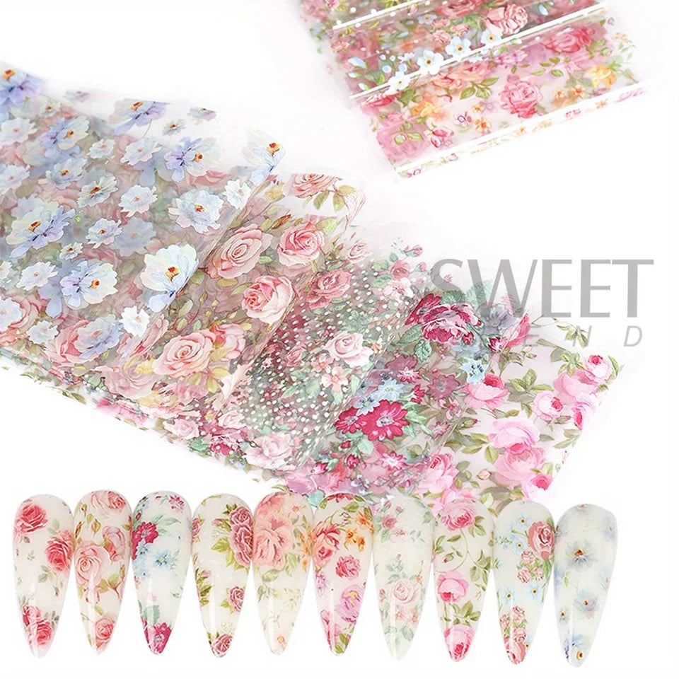 Mixed Floral Nail Foil Transfer Stickers Set, 10 Sheets